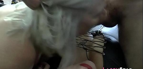  Gran in leather lingerie gets throated